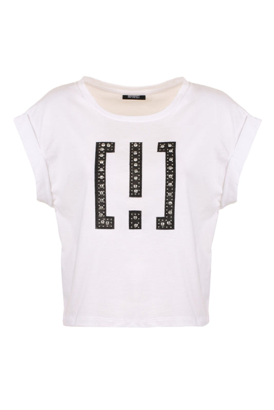 Chic White Cotton Tee with Brass Accents