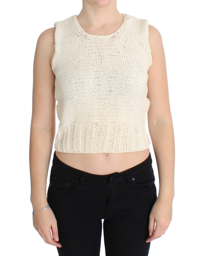 Beige Cotton Blend Knitted Sleeveless Sweater - Designed by PINK MEMORIES Available to Buy at a Discounted Price on Moon Behind The Hill Online Designer Discount Store