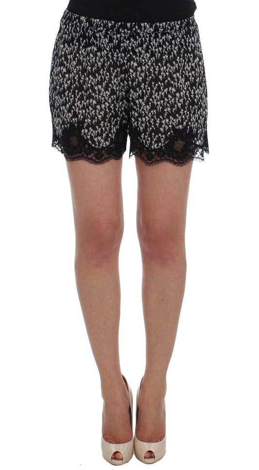 Black White Floral Lace Silk Sleepwear Shorts - Designed by Dolce & Gabbana Available to Buy at a Discounted Price on Moon Behind The Hill Online Designer Discount Store