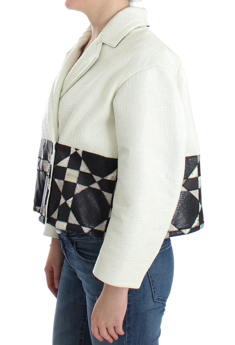 White Black Cropped Leather Jacket designed by Andrea Pompilio available from Moon Behind The Hill's Women's Clothing range