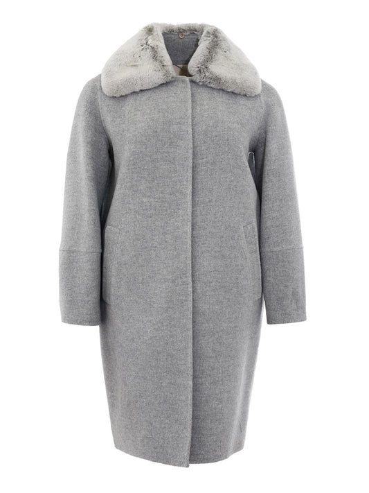 Herno Women's Grey Wool Coat with Fur Collar
