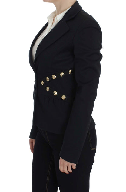 Black Cotton Stretch Gold Studded Blazer Jacket - Designed by Exte Available to Buy at a Discounted Price on Moon Behind The Hill Online Designer Discount Store