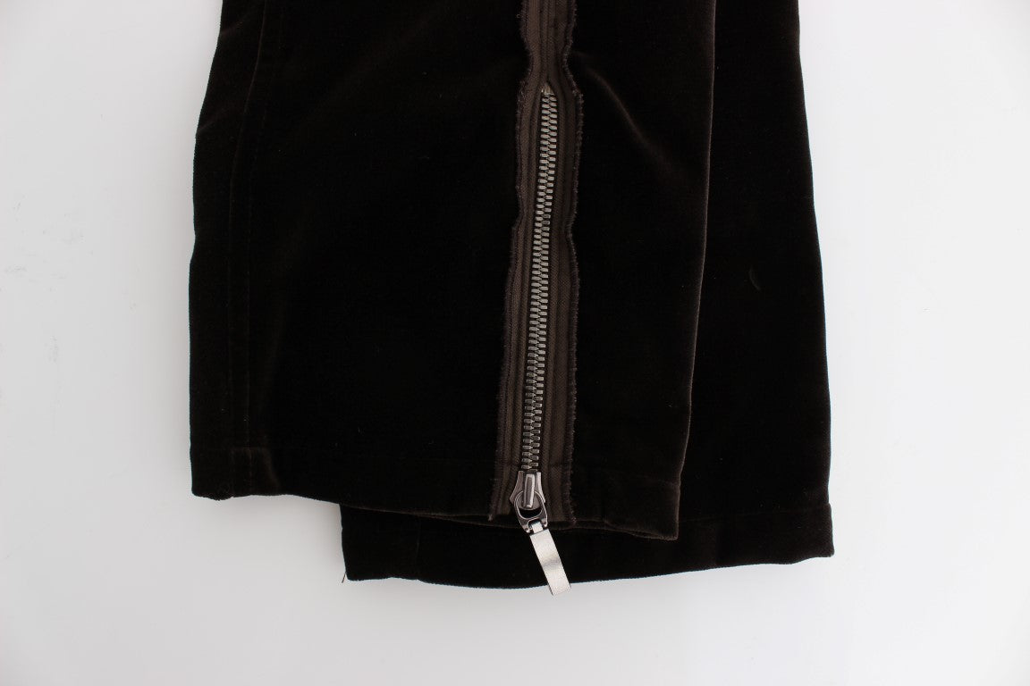 Brown Cotton Velvet Zippers Slim Fit Pants - Designed by Ermanno Scervino Available to Buy at a Discounted Price on Moon Behind The Hill Online Designer Discount Store