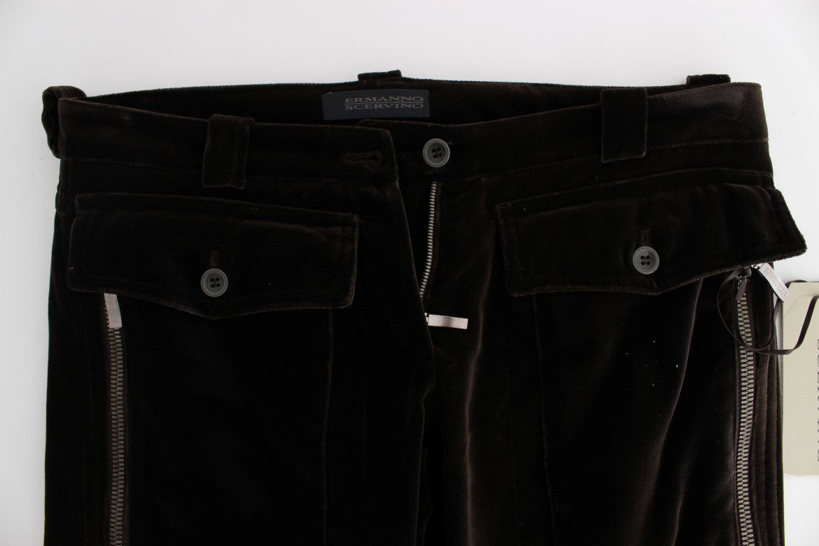 Brown Cotton Velvet Zippers Slim Fit Pants - Designed by Ermanno Scervino Available to Buy at a Discounted Price on Moon Behind The Hill Online Designer Discount Store