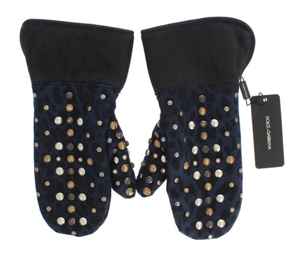 Gray Wool Shearling Studded Blue Leopard Gloves - Designed by Dolce & Gabbana Available to Buy at a Discounted Price on Moon Behind The Hill Online Designer Discount Store