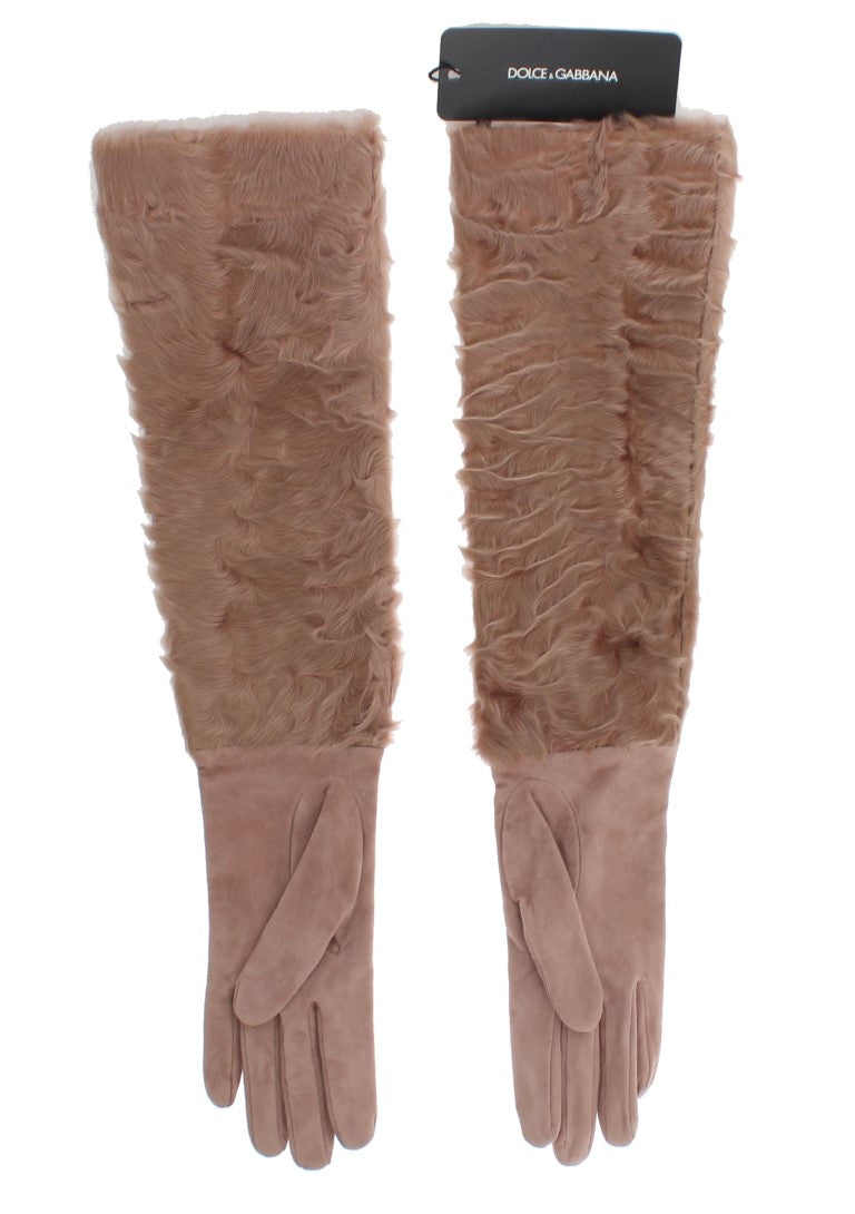 Beige Suede Xiangao Fur Elbow Gloves - Designed by Dolce & Gabbana Available to Buy at a Discounted Price on Moon Behind The Hill Online Designer Discount Store