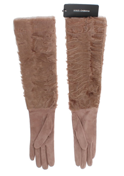 Beige Suede Xiangao Fur Elbow Gloves - Designed by Dolce & Gabbana Available to Buy at a Discounted Price on Moon Behind The Hill Online Designer Discount Store