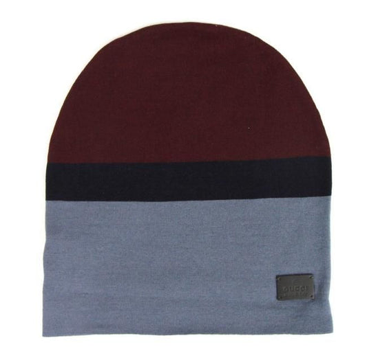 Gucci Unisex Burgundy Blue Wool Beanie Medium Knit Cap - Designed by Gucci Available to Buy at a Discounted Price on Moon Behind The Hill Online Designer Discount Store