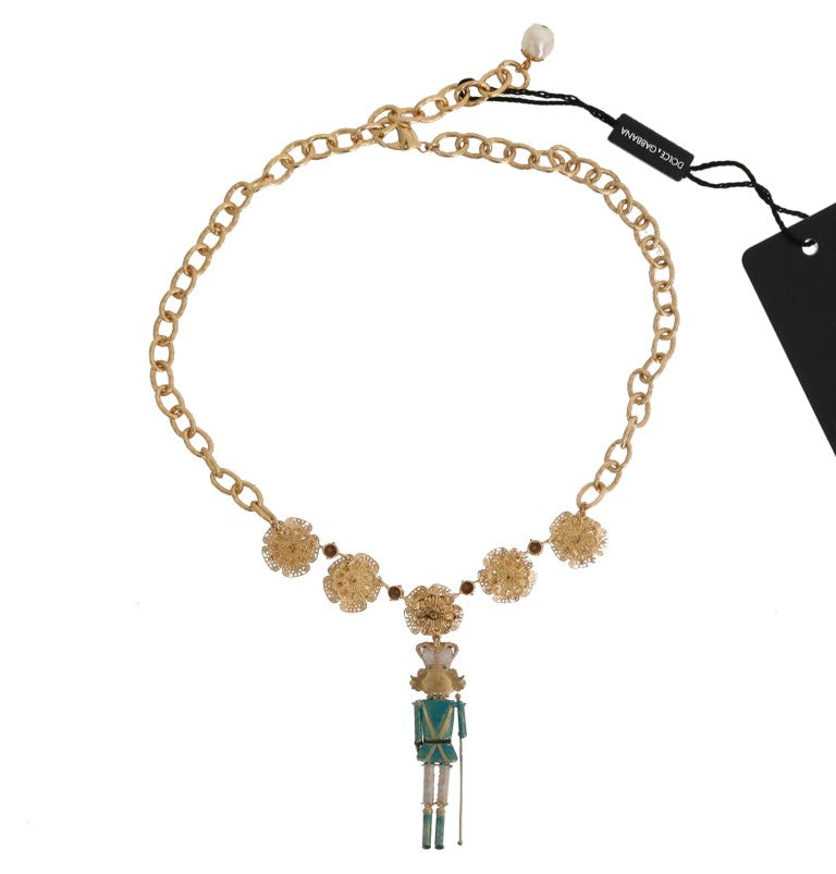 Gold Brass Handpainted Crystal Floral Necklace - Designed by Dolce & Gabbana Available to Buy at a Discounted Price on Moon Behind The Hill Online Designer Discount Store