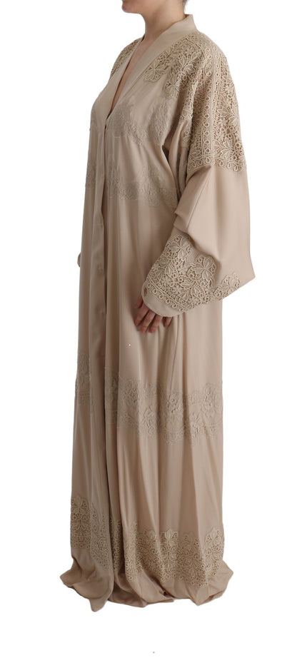 Beige Floral Applique Lace Kaftan Dress - Designed by Dolce & Gabbana Available to Buy at a Discounted Price on Moon Behind The Hill Online Designer Discount Store