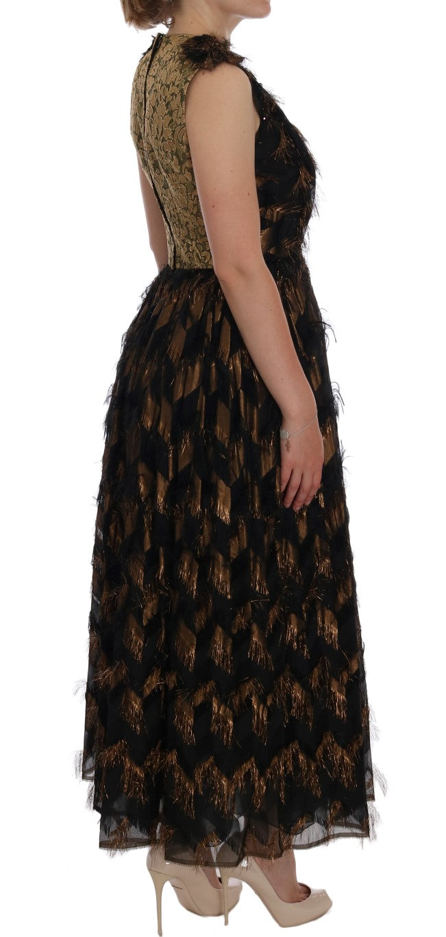 Black Silk Brown Fringes A-Line Dress - Designed by Dolce & Gabbana Available to Buy at a Discounted Price on Moon Behind The Hill Online Designer Discount Store