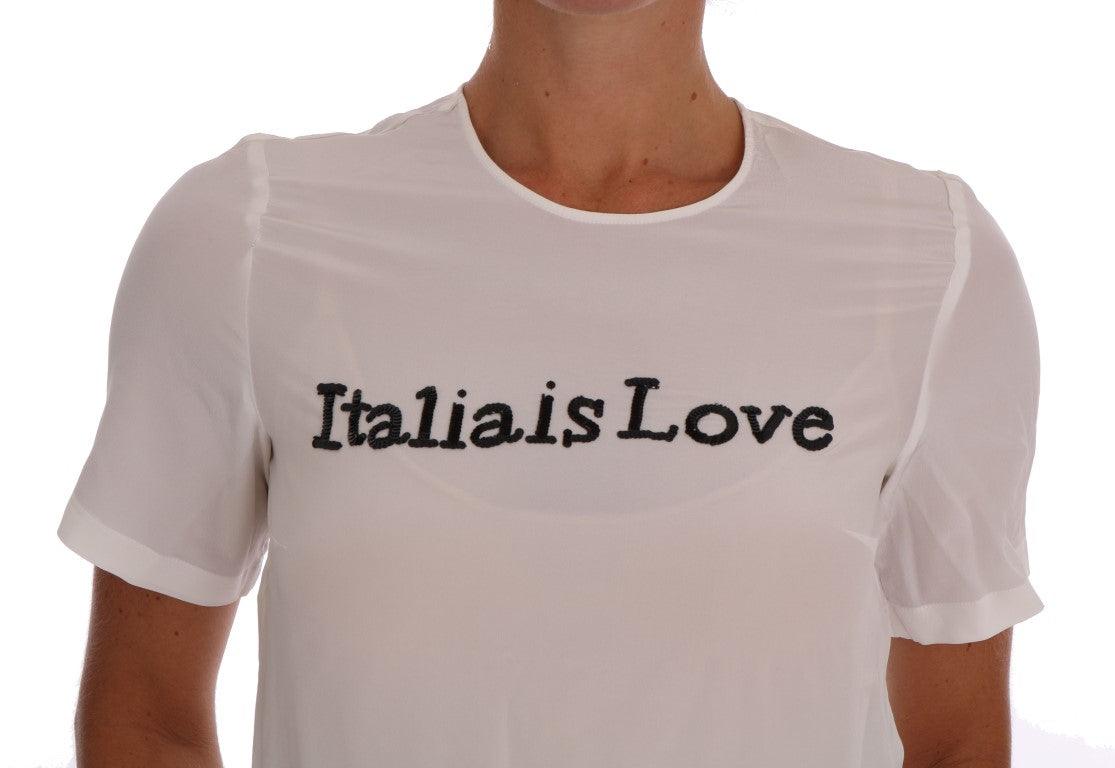 White Silk ITALIA IS LOVE Blouse T-shirt designed by Dolce & Gabbana available from Moon Behind The Hill's Women's Clothing range