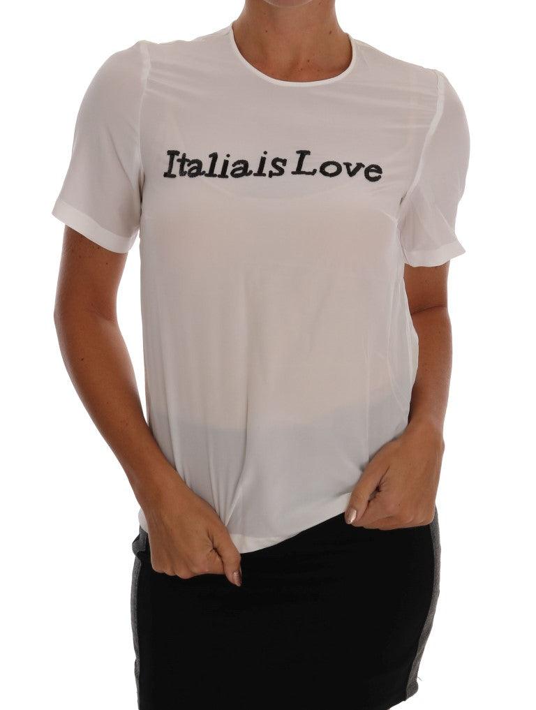 White Silk ITALIA IS LOVE Blouse T-shirt designed by Dolce & Gabbana available from Moon Behind The Hill's Women's Clothing range