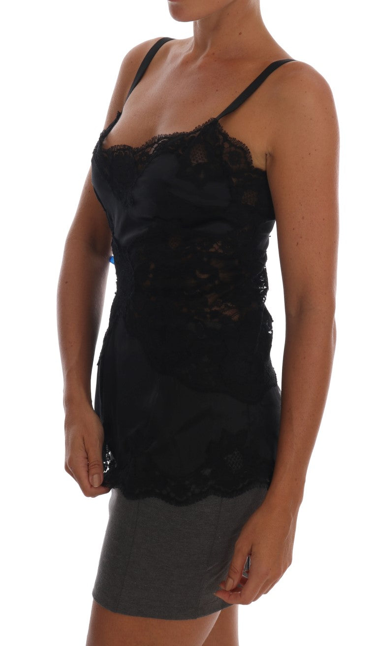 Black Silk Stretch Lace Top - Designed by Dolce & Gabbana Available to Buy at a Discounted Price on Moon Behind The Hill Online Designer Discount Store