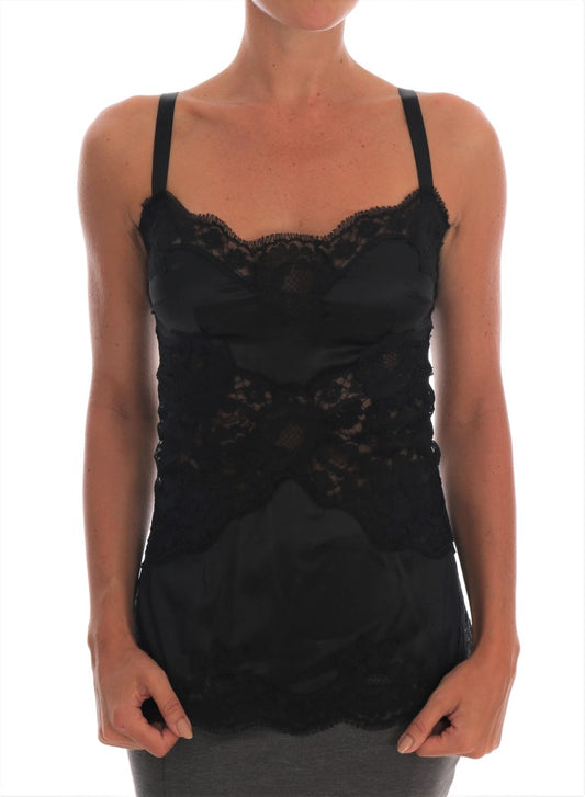 Black Silk Stretch Lace Top - Designed by Dolce & Gabbana Available to Buy at a Discounted Price on Moon Behind The Hill Online Designer Discount Store