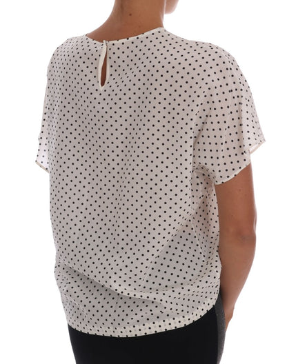 White Polka Dotted Silk T-shirt Top designed by Dolce & Gabbana available from Moon Behind The Hill's Women's Clothing range