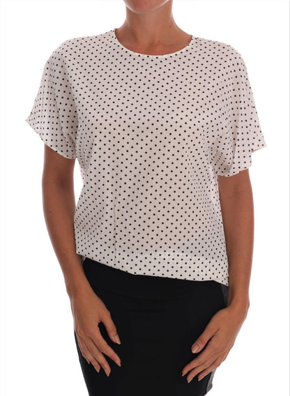 White Polka Dotted Silk T-shirt Top designed by Dolce & Gabbana available from Moon Behind The Hill's Women's Clothing range