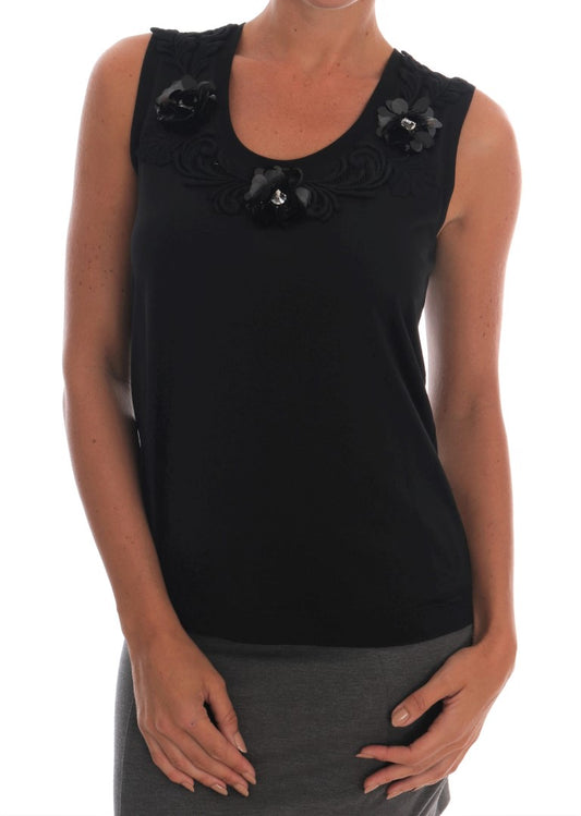 Black Cotton Floral Crystal Tank Top - Designed by Dolce & Gabbana Available to Buy at a Discounted Price on Moon Behind The Hill Online Designer Discount Store