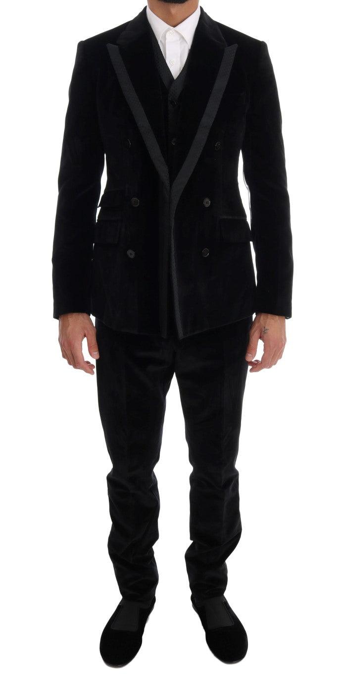 Dolce & Gabbana Men's Black Velvet Slim Double Breasted Suit - Designed by Dolce & Gabbana Available to Buy at a Discounted Price on Moon Behind The Hill Online Designer Discount Store