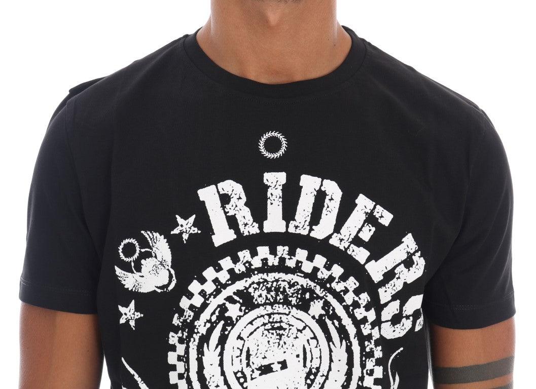 Frankie Morello Men's Black Cotton RIDERS Crewneck T-Shirt - Designed by Frankie Morello Available to Buy at a Discounted Price on Moon Behind The Hill Online Designer Discount Store