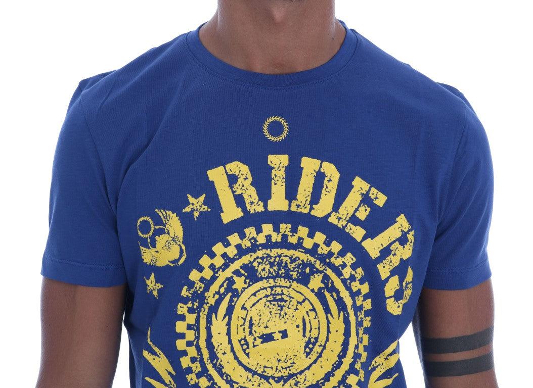 Frankie Morello Men's Blue Cotton RIDERS Crewneck T-Shirt - Designed by Frankie Morello Available to Buy at a Discounted Price on Moon Behind The Hill Online Designer Discount Store