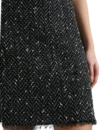 Black Wool Knit Tweed High Waist Mini Skirt