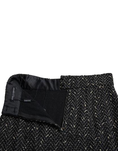 Black Wool Knit Tweed High Waist Mini Skirt