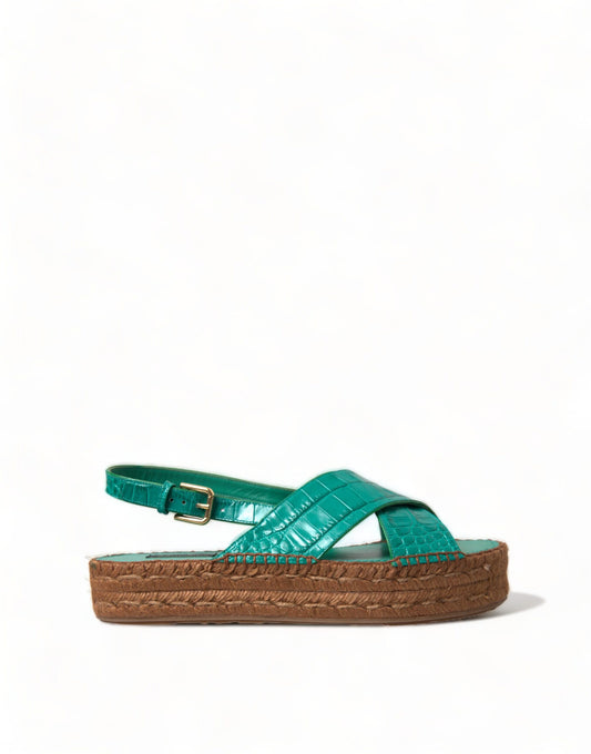 Dolce & Gabbana Green Leather Platform Espadrille Sandal Shoes