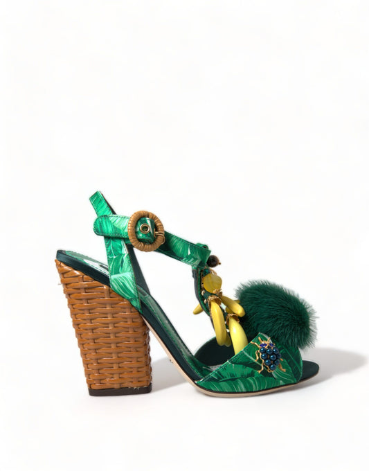Dolce & Gabbana Green Banana Leaf Embellished T-Strap Sandals Shoes