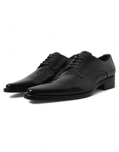 Dolce & Gabbana Black Leather Lace Up Formal Flats Shoes