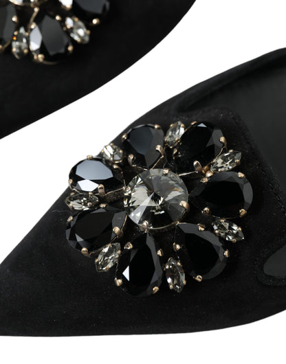 Dolce & Gabbana Black Leather Crystal Slingback Flats Shoes