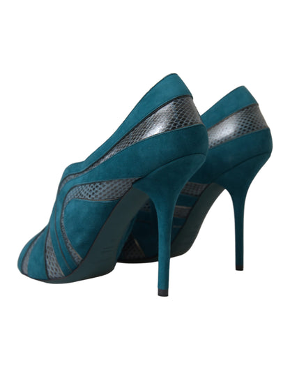 Dolce & Gabbana Teal Suede Leather Peep Toe Heels Pumps Shoes