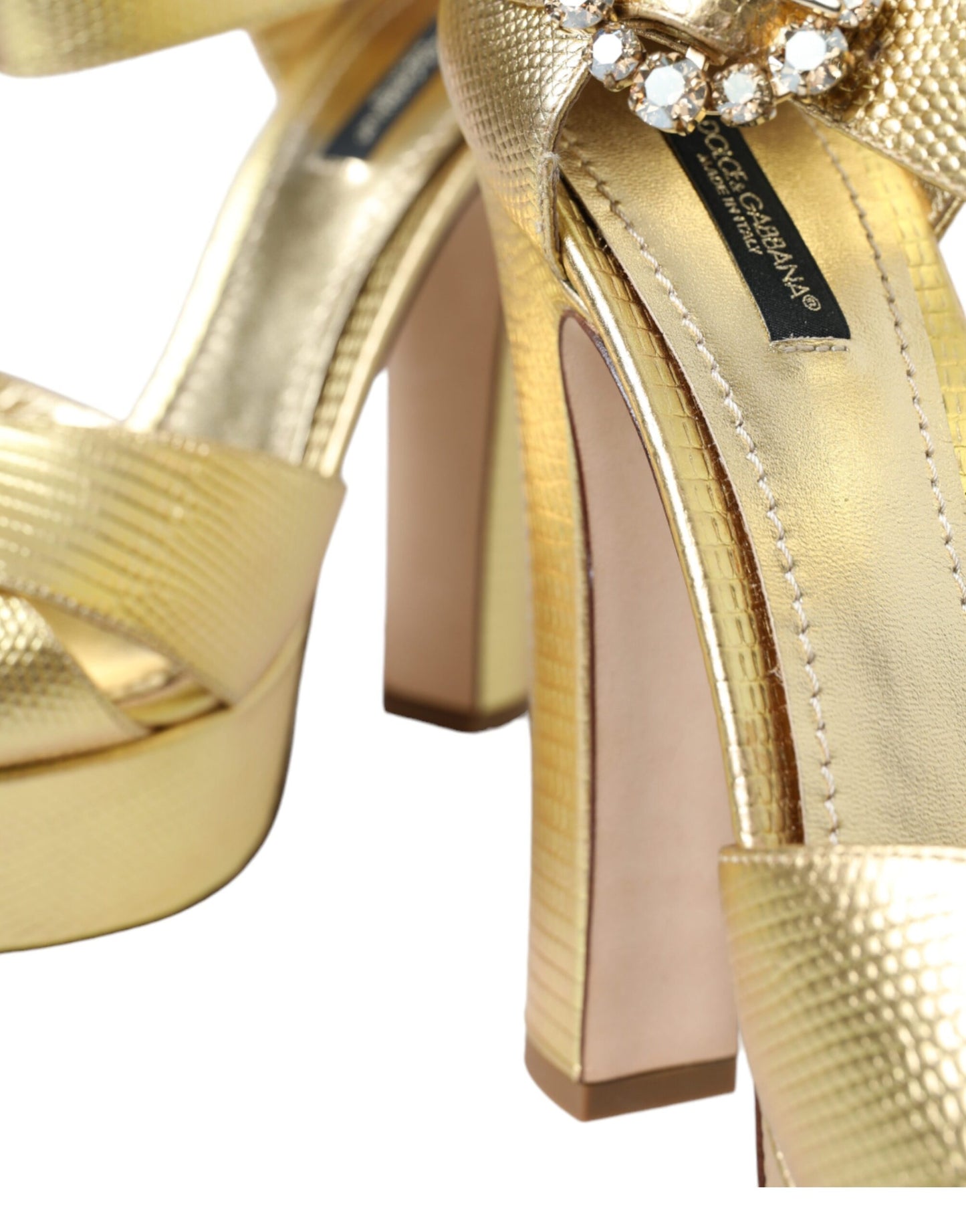 Dolce & Gabbana Gold Crystal Ankle Strap Platform Sandals Shoes