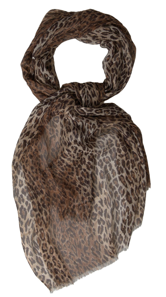 Dolce & Gabbana Brown Leopard Silk Shawl Wrap Foulard Scarf