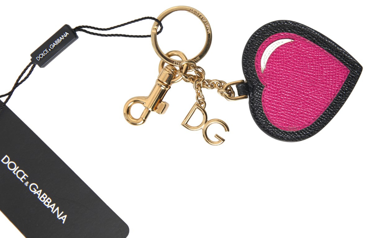 Black Fuchsia Heart Leather Gold Metal Keyring Keychain