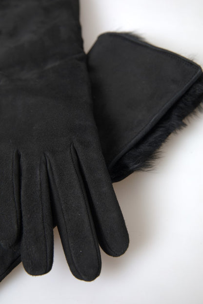 Black Leather Fur Elbow Length Gloves
