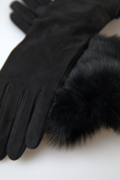 Black Leather Fur Elbow Length Gloves
