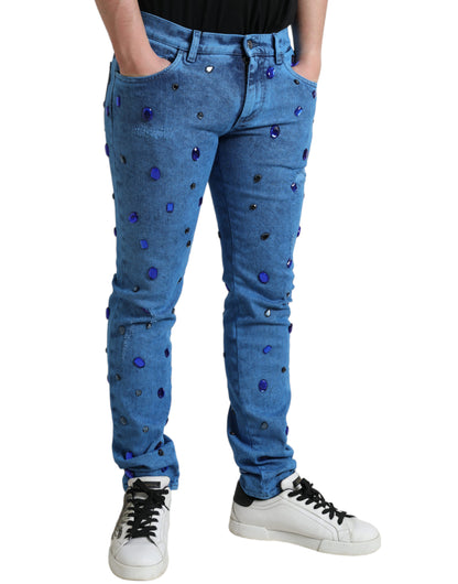 Blue Crystal Embellished Skinny Denim Jeans