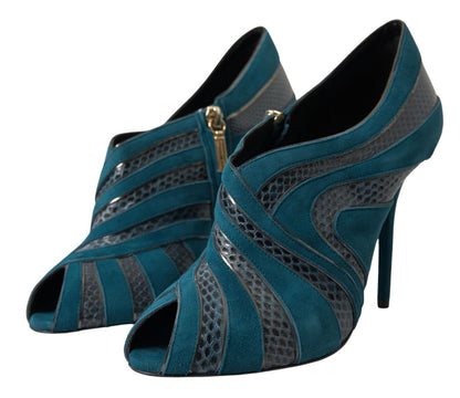 Dolce & Gabbana Blue Teal Snakeskin Peep Toe Ankle Booties Shoes