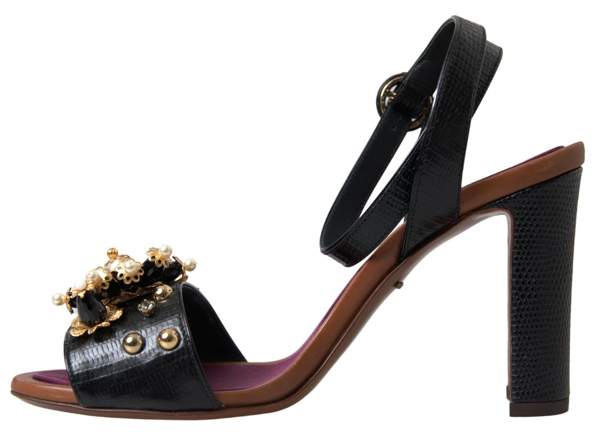 Dolce & Gabbana Black Lizard Embossed Floral Pearls Sandals Shoes