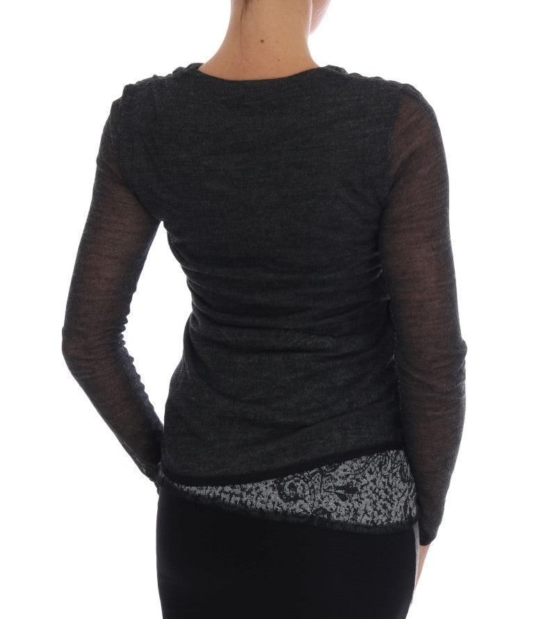 Gray Wool Lace Top Long Sleeved T-shirt - Designed by Ermanno Scervino Available to Buy at a Discounted Price on Moon Behind The Hill Online Designer Discount Store