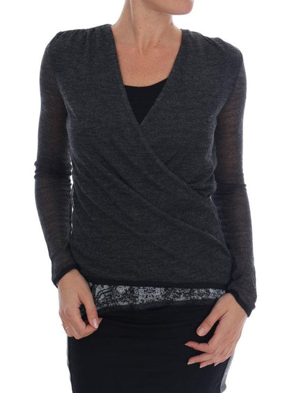 Gray Wool Lace Top Long Sleeved T-shirt - Designed by Ermanno Scervino Available to Buy at a Discounted Price on Moon Behind The Hill Online Designer Discount Store