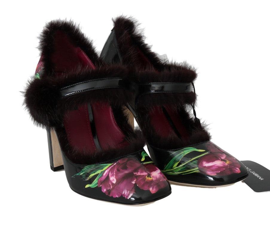 Dolce & Gabbana Black Leather Purple Tulip Mink Fur Pumps - Designed by Dolce & Gabbana Available to Buy at a Discounted Price on Moon Behind The Hill Online Designer Discount Store