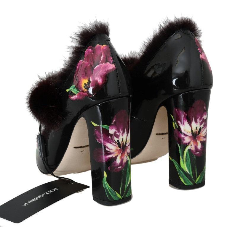 Dolce & Gabbana Black Leather Purple Tulip Mink Fur Pumps - Designed by Dolce & Gabbana Available to Buy at a Discounted Price on Moon Behind The Hill Online Designer Discount Store