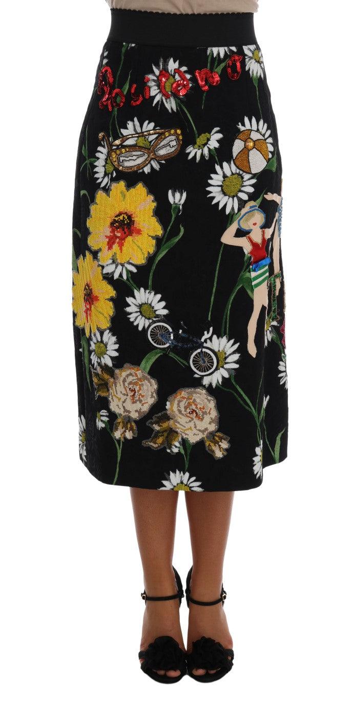Black Embellished Daisy Brocade Skirt - Designed by Dolce & Gabbana Available to Buy at a Discounted Price on Moon Behind The Hill Online Designer Discount Store