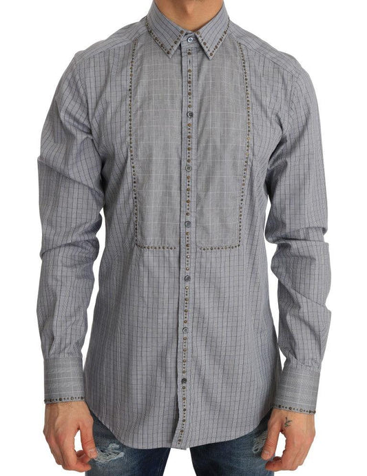 Gray Check GOLD Cotton Slim Fit Shirt - Designed by Dolce & Gabbana Available to Buy at a Discounted Price on Moon Behind The Hill Online Designer Discount Store