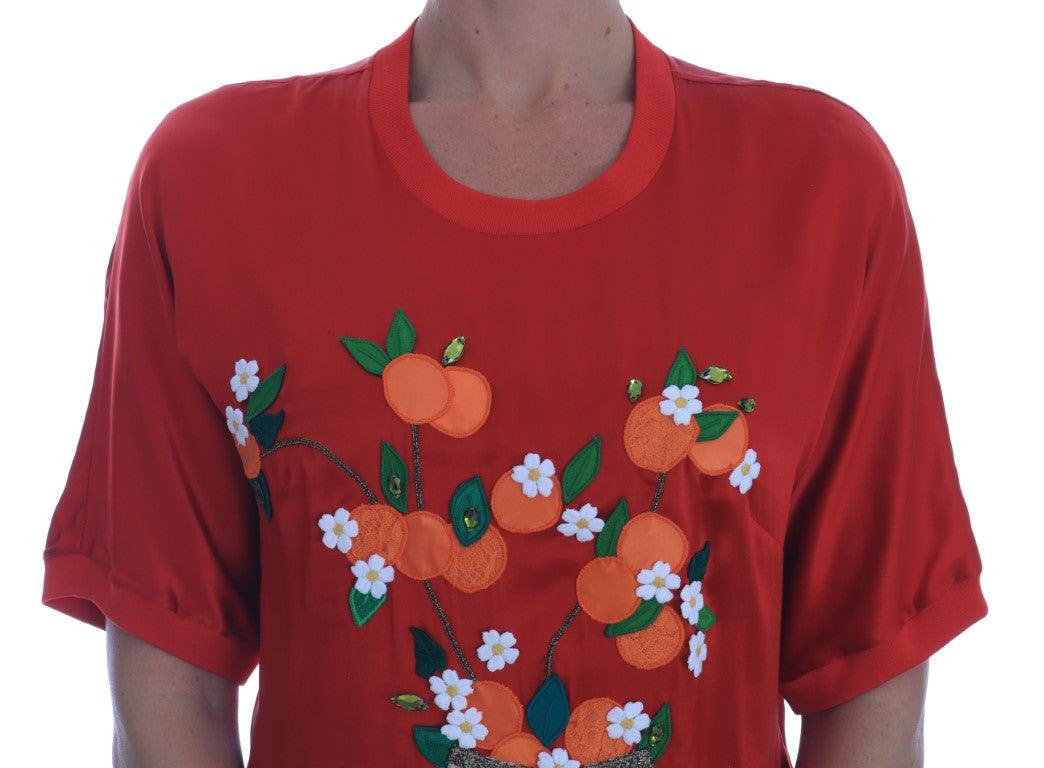 Red Silk Oranges Floral Crystal Blouse designed by Dolce & Gabbana available from Moon Behind The Hill's Women's Clothing range
