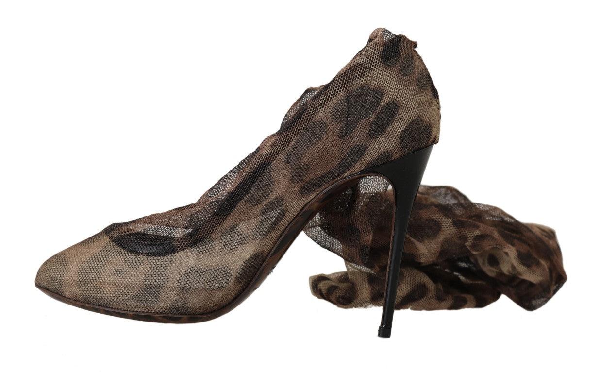 Dolce & Gabbana Brown Leopard Tulle Long Socks Pumps - Designed by Dolce & Gabbana Available to Buy at a Discounted Price on Moon Behind The Hill Online Designer Discount Store