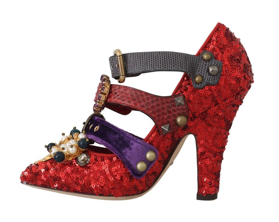 Dolce & Gabbana Red Sequined Crystal Studs Heels Shoes - Designed by Dolce & Gabbana Available to Buy at a Discounted Price on Moon Behind The Hill Online Designer Discount Store