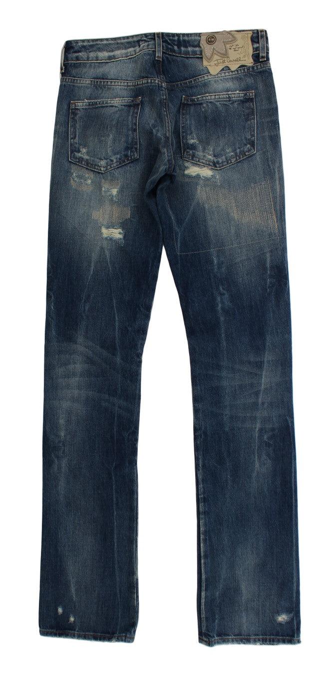 Blue Wash Torn Cotton Straight Fit Jeans - Designed by Cavalli Available to Buy at a Discounted Price on Moon Behind The Hill Online Designer Discount Store